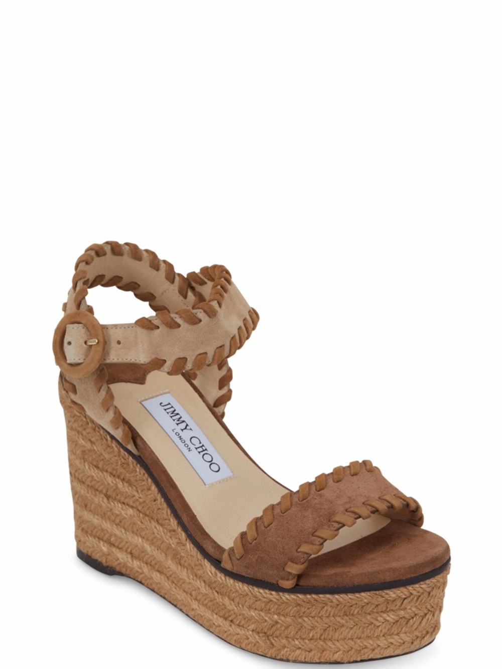 Jimmy Choo Brown and Beige Suede Braided Espadrille Wedge Sandals